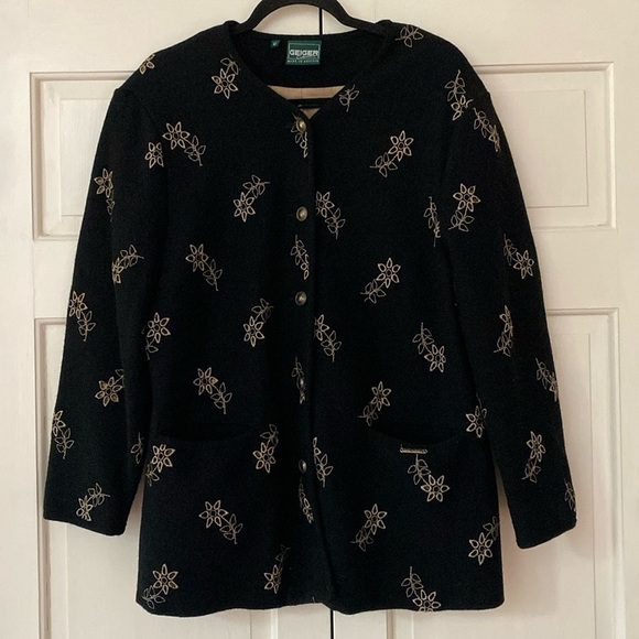 Vintage Geiger Black Wool Embroidered Floral Sweater Jacket Womens Size 42 US 12 - Picture 1 of 14